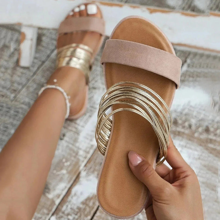 Women's Orthopedic Cushioned Gold-Strap Slip-On Flat Sandals - Khaki