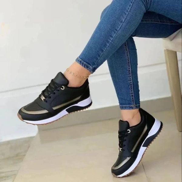 Women's Orthopedic Lace-Up Cushioned Platform Sneakers - Zwart