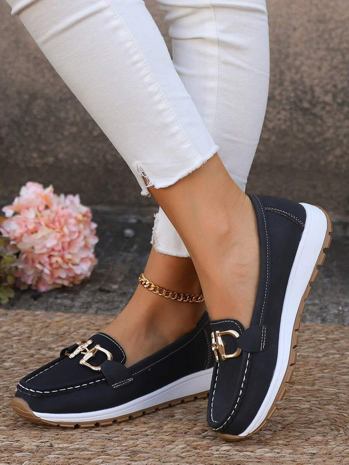 Women's Orthopedic Non-Slip Gold-Buckle Slip-On Loafers - Black