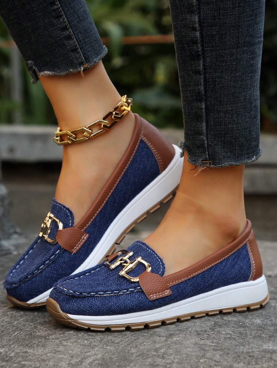 Women's Orthopedic Non-Slip Gold-Buckle Slip-On Loafers - Navy