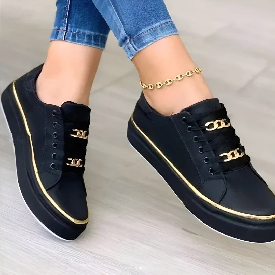 Women's Orthopedic Platform Lace-Up Sneakers Gold Chain Accent - Black (almost sold out!)