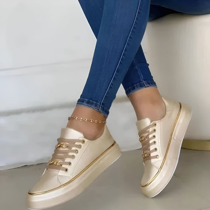 Women's Orthopedic Platform Lace-Up Sneakers Gold Chain Accent - Gold