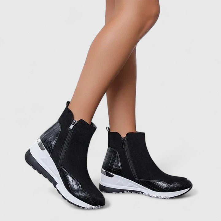 Women's Orthopedic Wedge Ankle Boots Arch-Support Side-Zip Sneaker Booties - Black