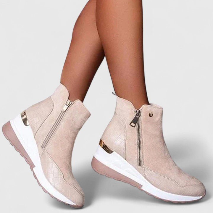 Women's Orthopedic Wedge Ankle Boots Arch-Support Side-Zip Sneaker Booties - Beige
