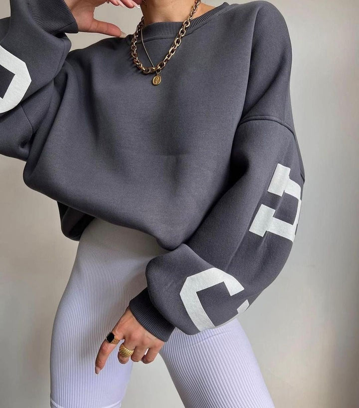 Women's Oversized Fleece-Lined Varsity Graphic Crewneck Sweatshirt - Grey