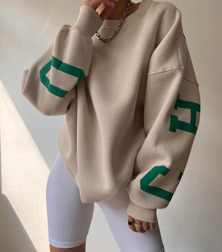 Women's Oversized Fleece-Lined Varsity Graphic Crewneck Sweatshirt - Khaki