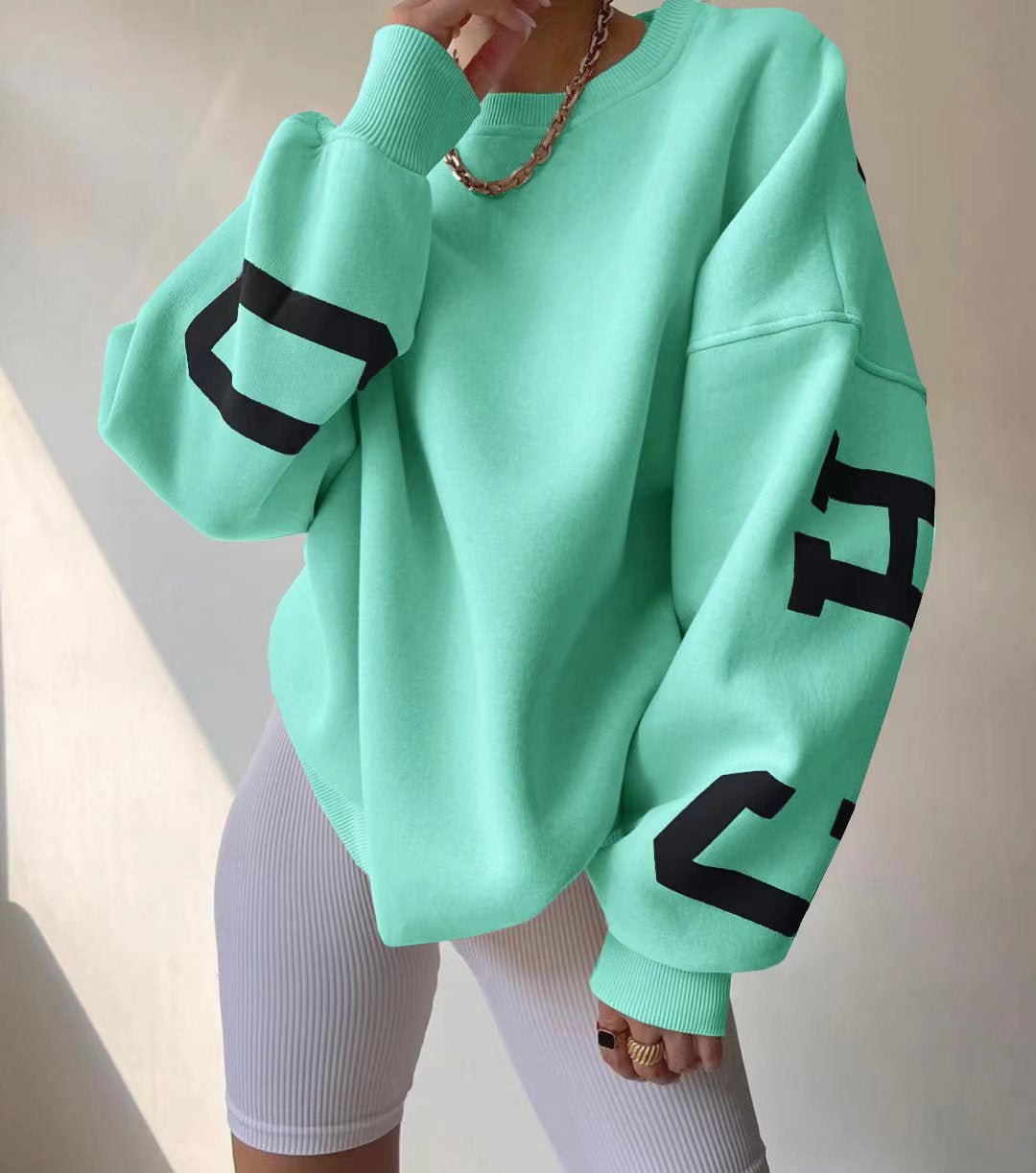 Women's Oversized Fleece-Lined Varsity Graphic Crewneck Sweatshirt - Mint Green