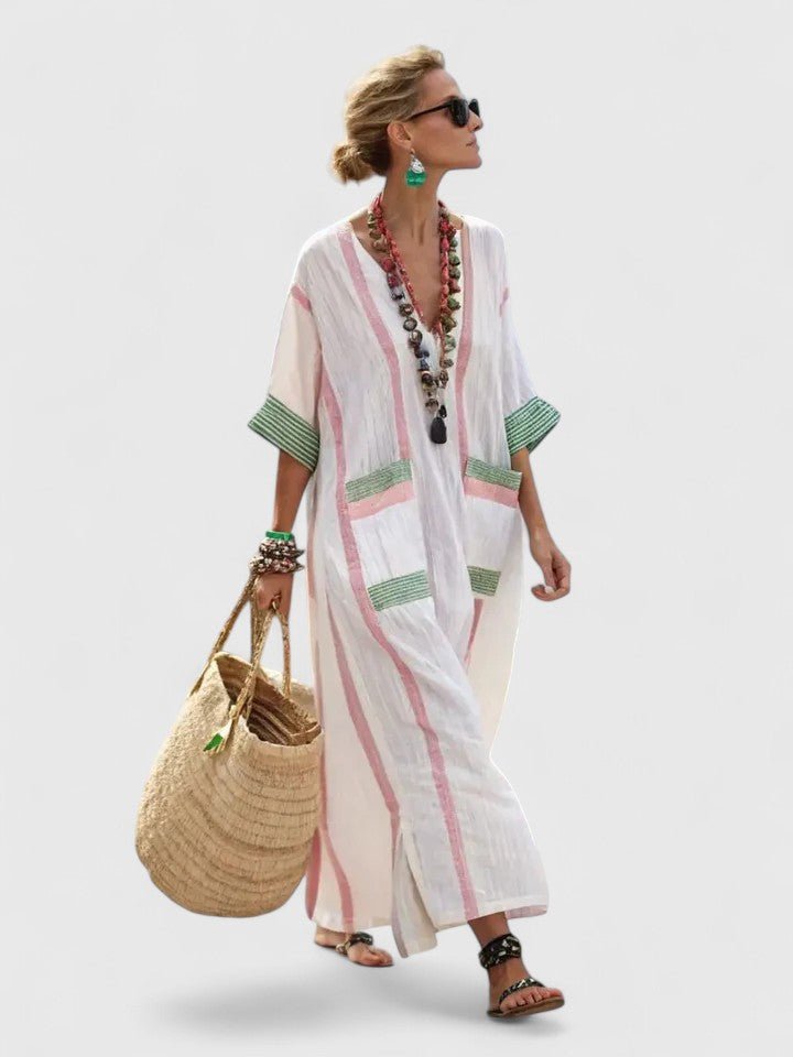 Women's Oversized Linen Stripe-Trim V-Neck Boho Maxi Dress - White