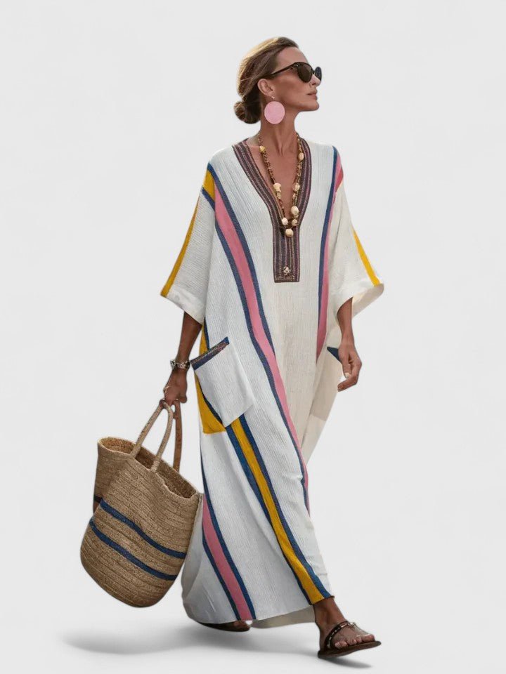 Women's Oversized Linen Stripe-Trim V-Neck Boho Maxi Dress - White 2