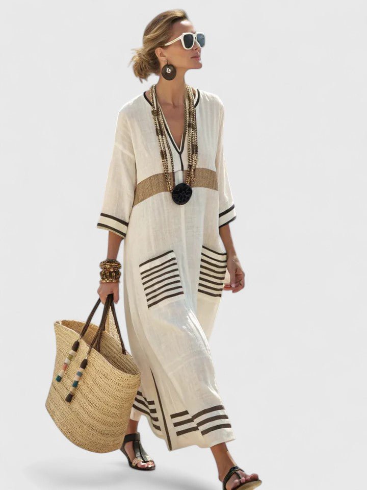 Women's Oversized Linen Stripe-Trim V-Neck Boho Maxi Dress - Beige