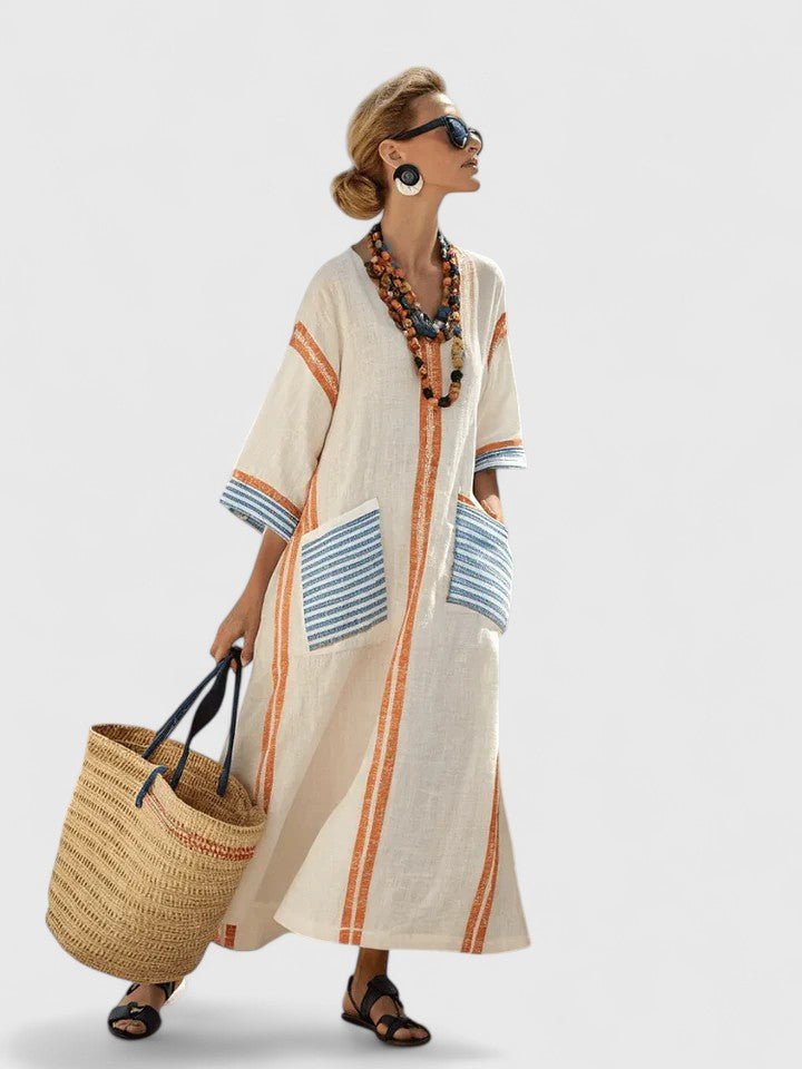 Women's Oversized Linen Stripe-Trim V-Neck Boho Maxi Dress - Beige 2