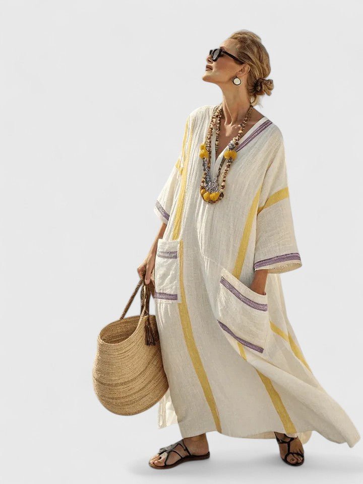 Women's Oversized Linen Stripe-Trim V-Neck Boho Maxi Dress - Beige 3