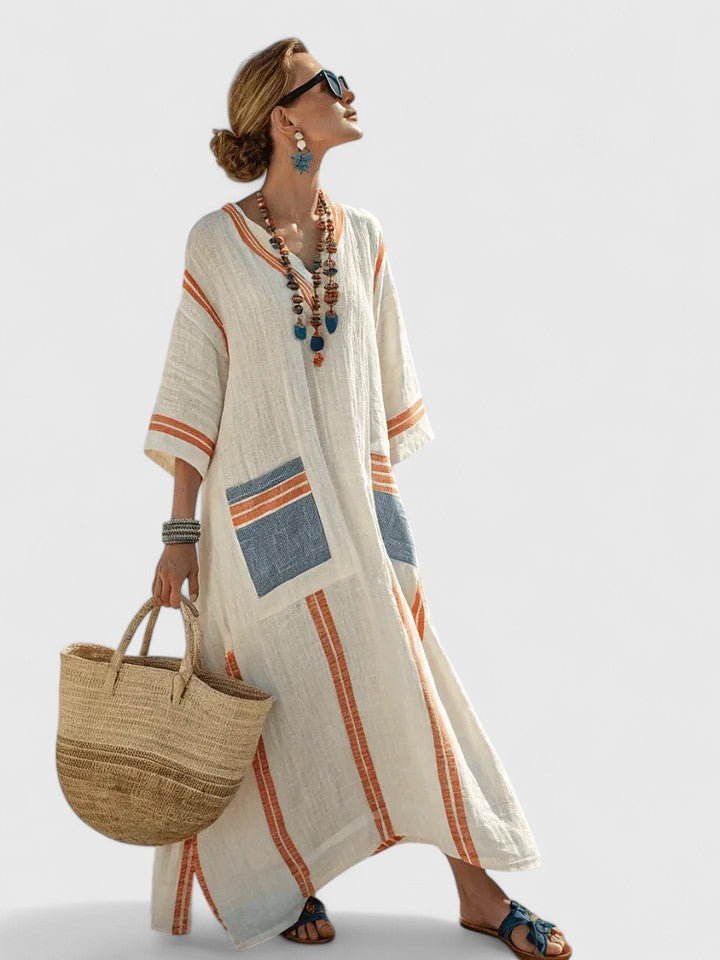 Women's Oversized Linen Stripe-Trim V-Neck Boho Maxi Dress - Beige 4