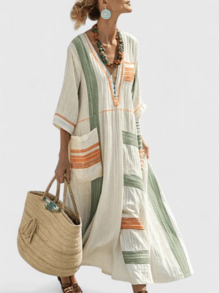 Women's Oversized Linen Stripe-Trim V-Neck Boho Maxi Dress - Beige 5