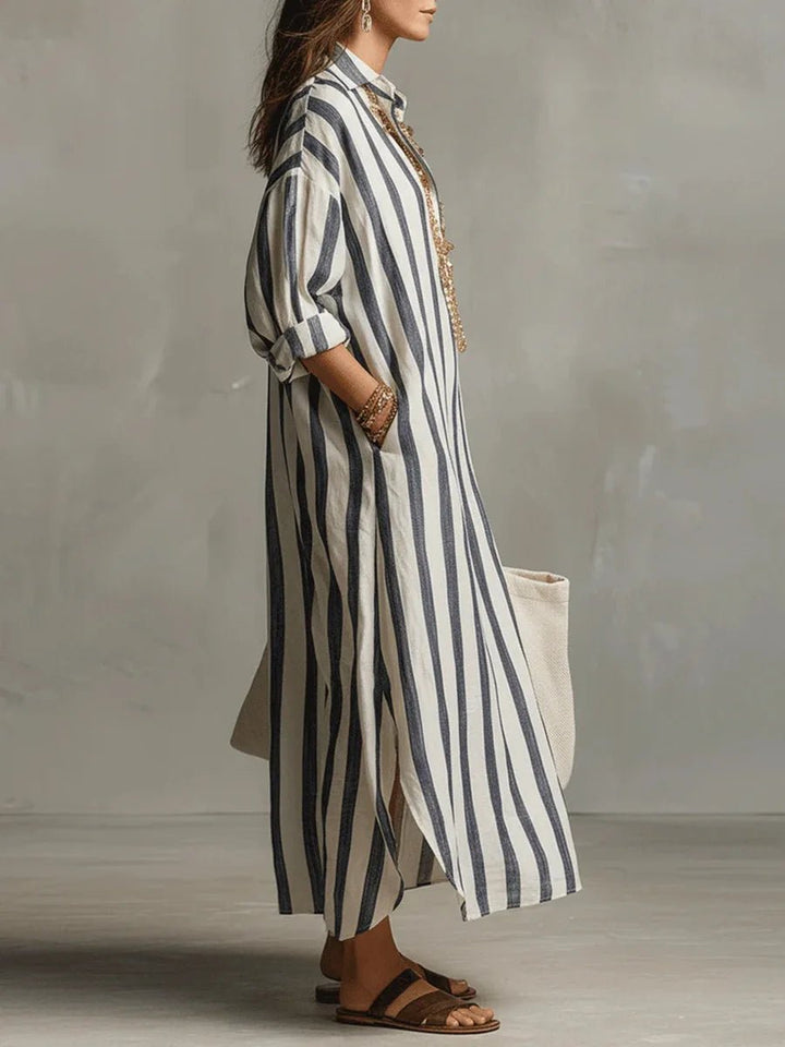 Women's Oversized Linen Striped Shirt Maxi Dress