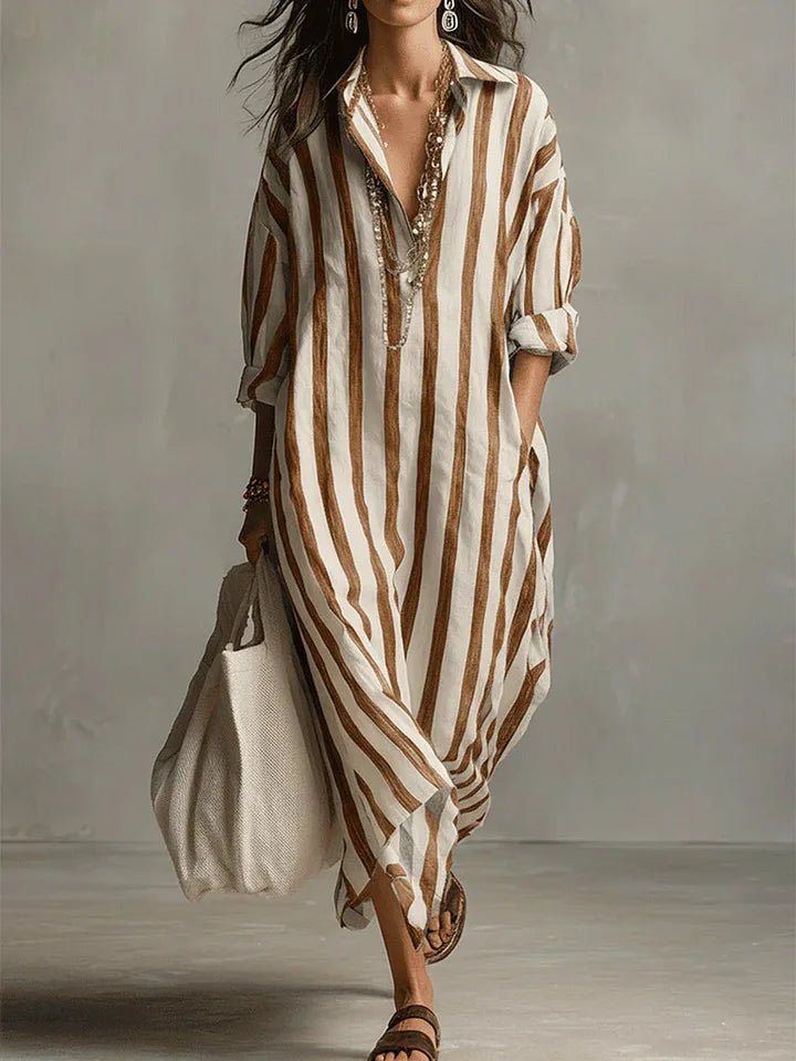 Women's Oversized Linen Striped Shirt Maxi Dress - Earthy Yellow