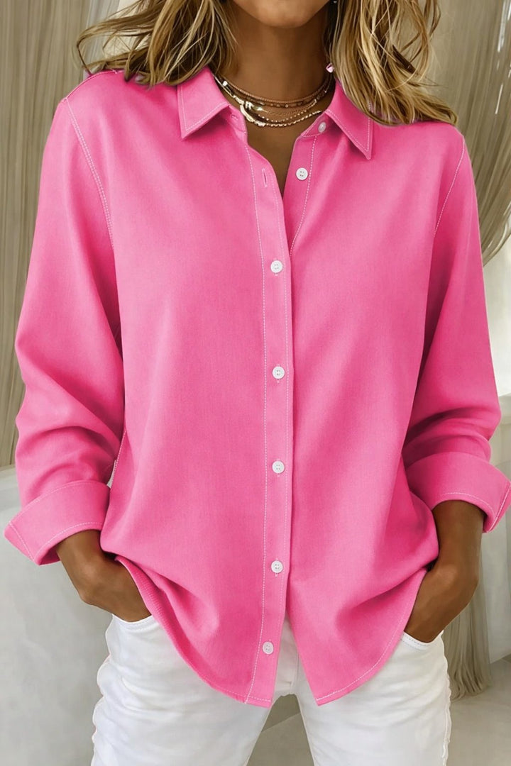 Women's Oversized Long-Sleeve Button-Down Collared Shirt Blouse - Fuchsia