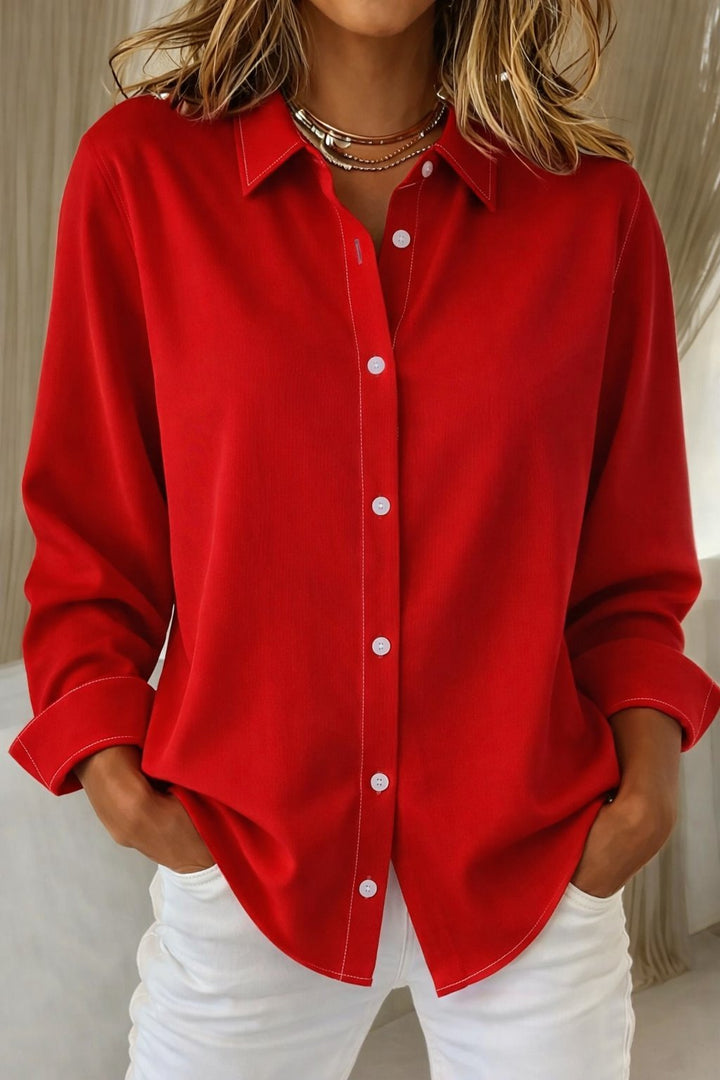 Women's Oversized Long-Sleeve Button-Down Collared Shirt Blouse - Red