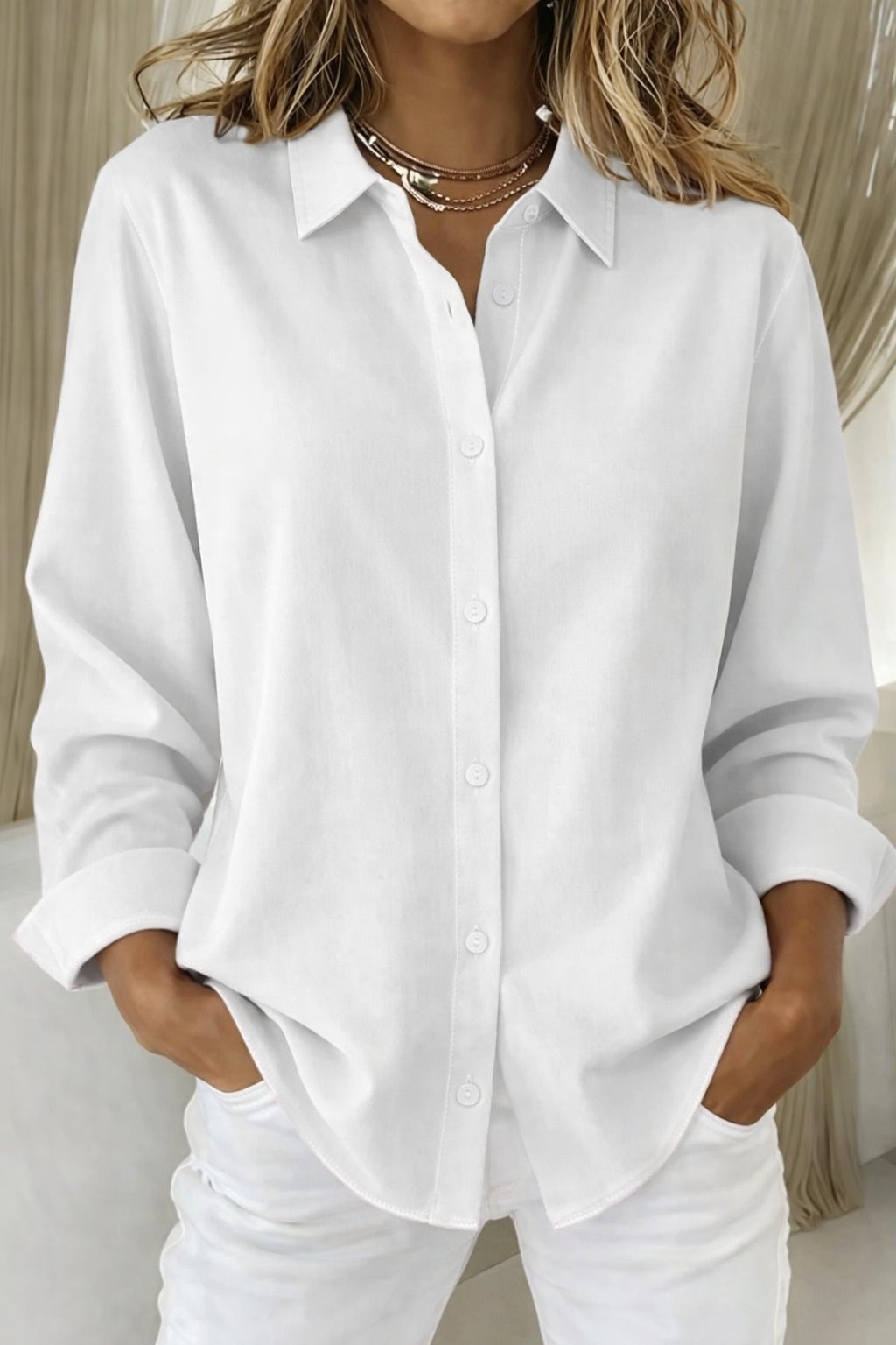 Women's Oversized Long-Sleeve Button-Down Collared Shirt Blouse - White