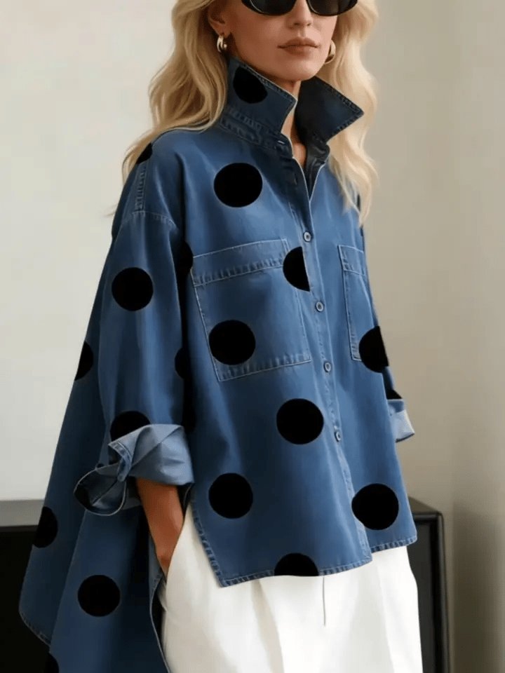 Women's Oversized Polka Dot Denim Button-Down Shirt