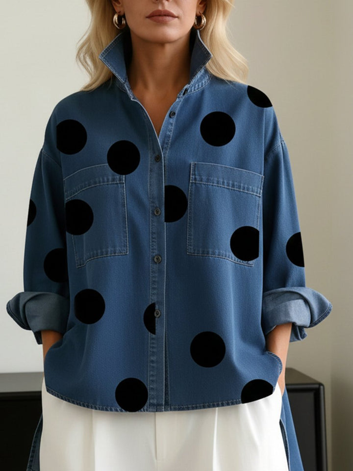 Women's Oversized Polka Dot Denim Button-Down Shirt