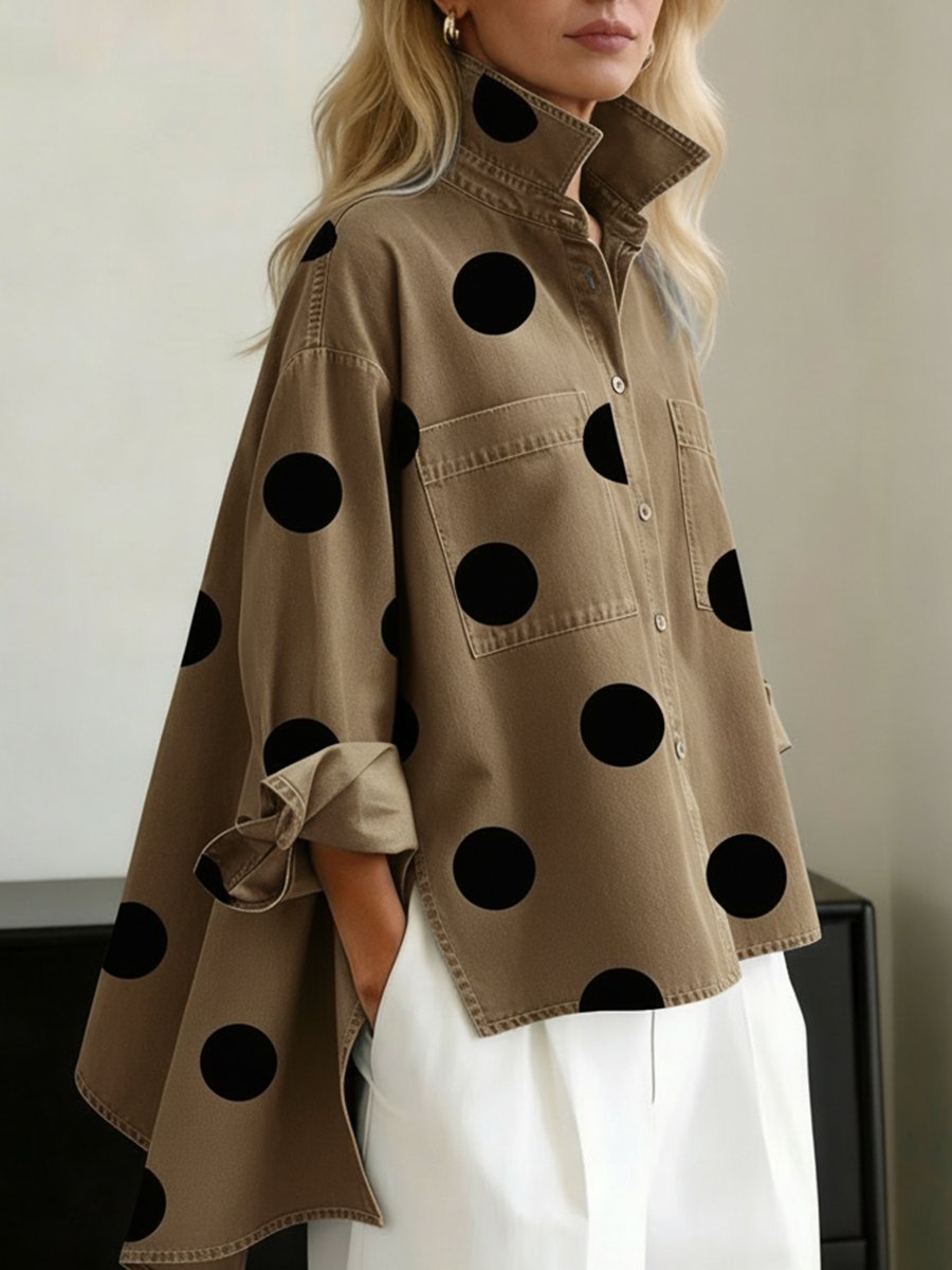 Women's Oversized Polka Dot Denim Button-Down Shirt - Khaki