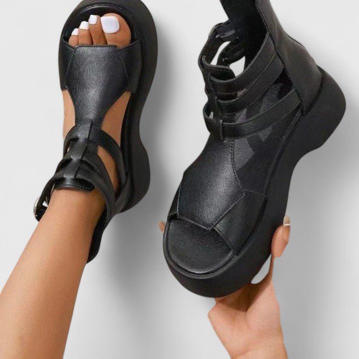 Women's Platform Gladiator Sandals Buckle Ankle Strap Open Toe - Schwarz