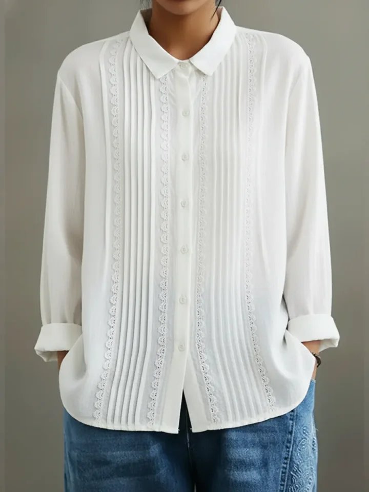Women's Pleated Lace-Trim Button-Up Long Sleeve Blouse