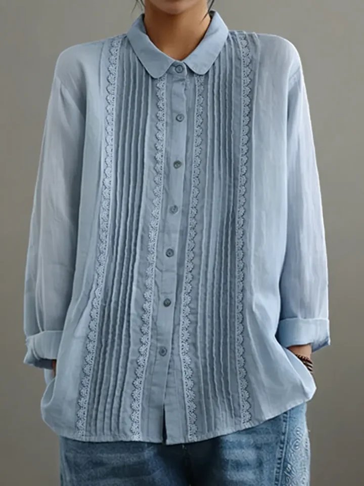 Women's Pleated Lace-Trim Button-Up Long Sleeve Blouse - Light Blue