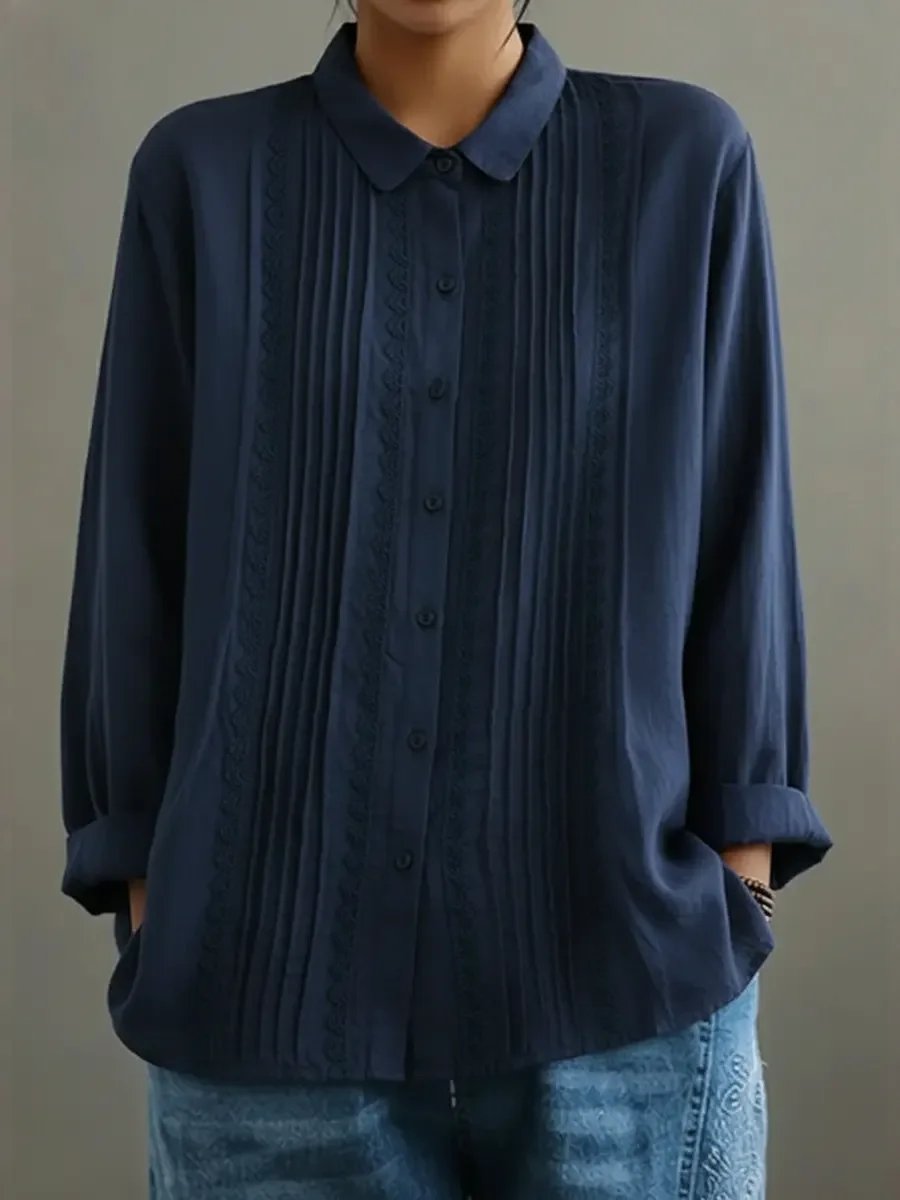 Women's Pleated Lace-Trim Button-Up Long Sleeve Blouse - Blue