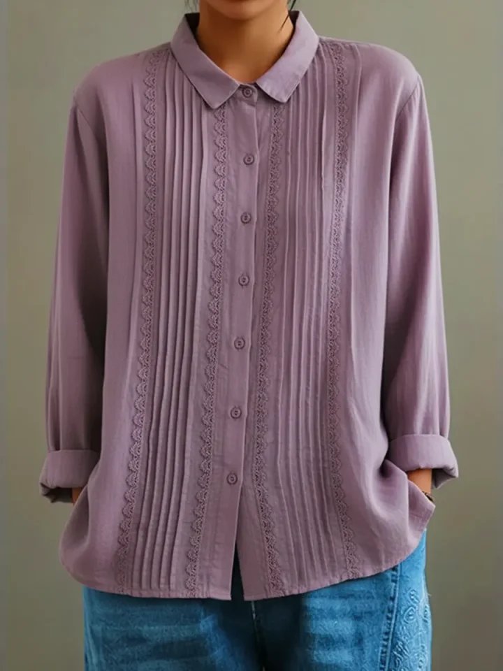 Women's Pleated Lace-Trim Button-Up Long Sleeve Blouse - Purple