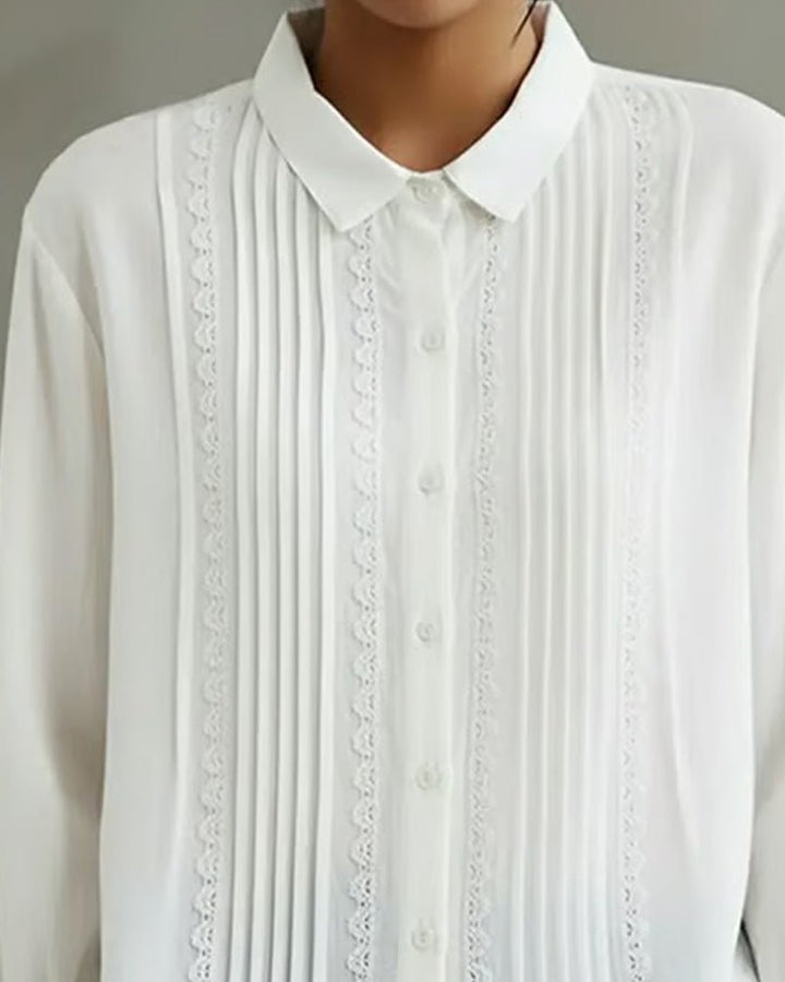 Women's Pleated Lace-Trim Button-Up Long Sleeve Blouse
