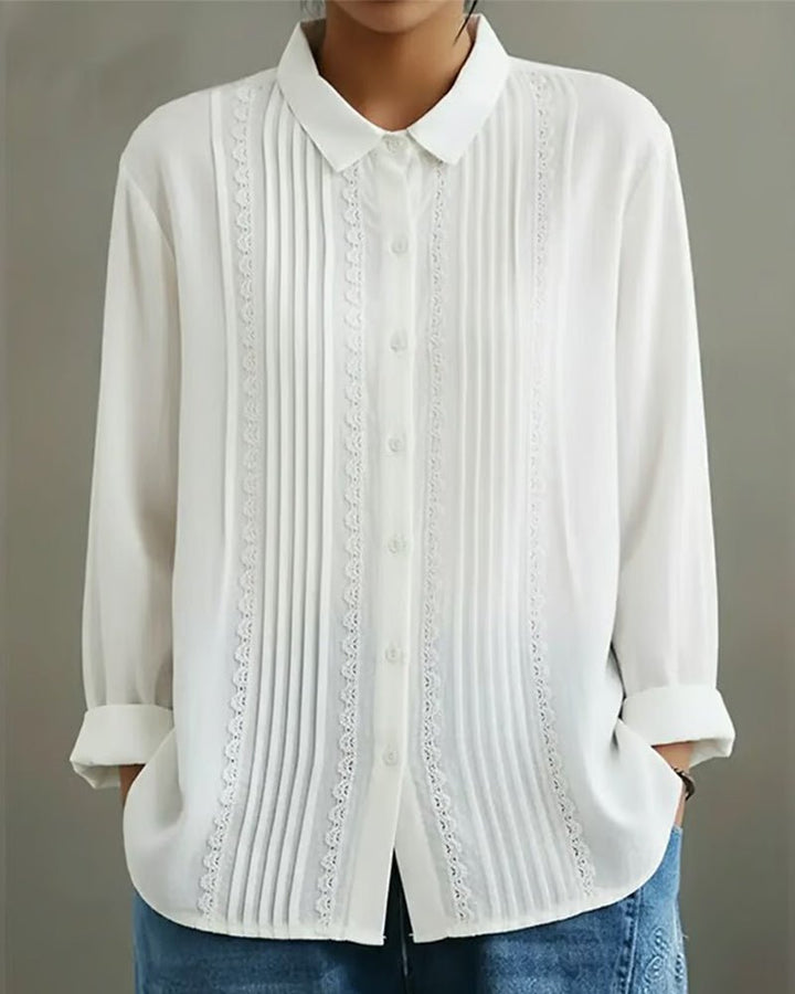 Women's Pleated Lace-Trim Button-Up Long Sleeve Blouse - White
