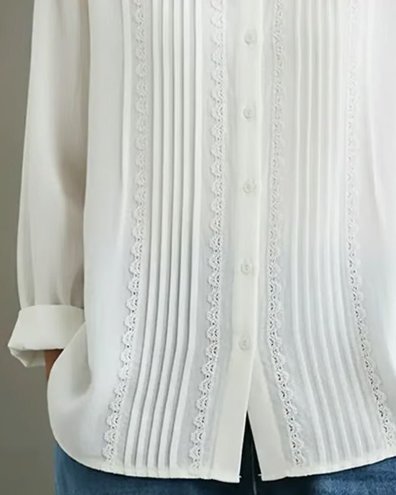 Women's Pleated Lace-Trim Button-Up Long Sleeve Blouse