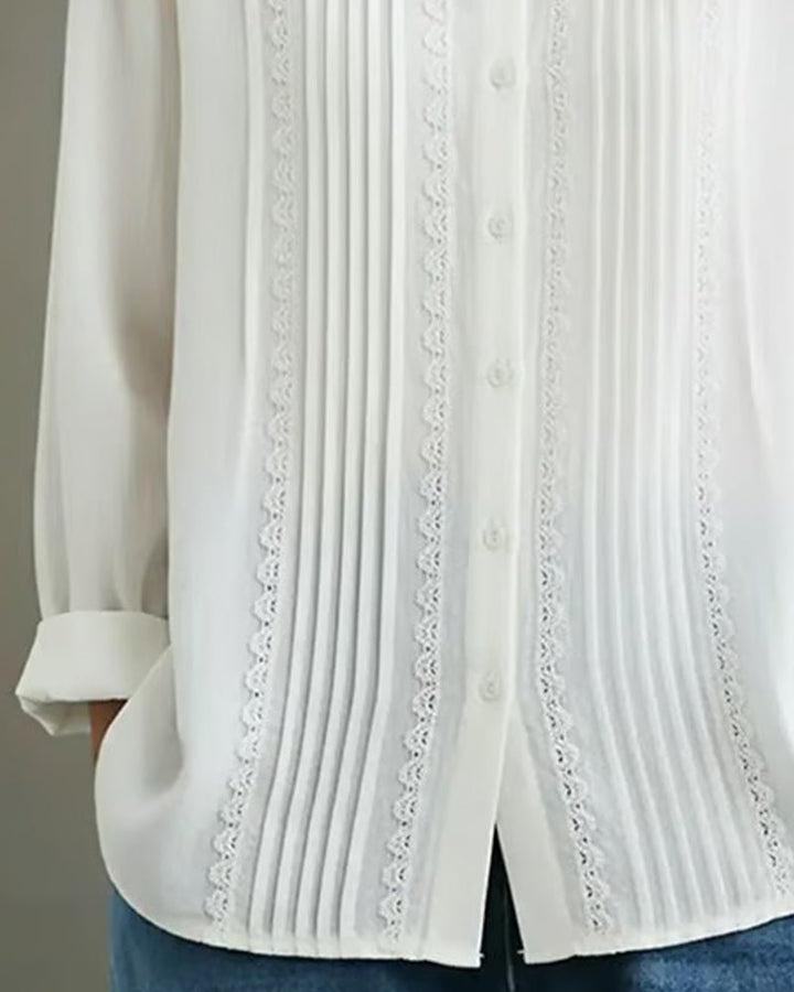 Women's Pleated Lace-Trim Button-Up Long Sleeve Blouse