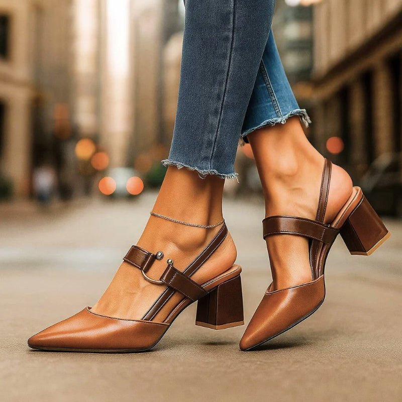 Women's Pointed-Toe Block-Heel Slingback Pumps Buckle Strap - Brown