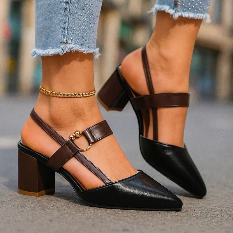 Women's Pointed-Toe Block-Heel Slingback Pumps Buckle Strap - Black