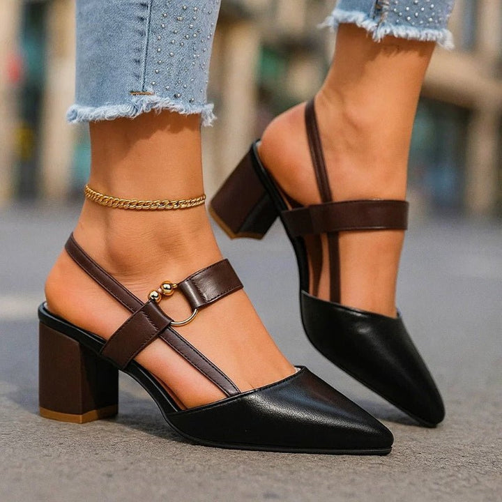 Women's Pointed-Toe Block-Heel Slingback Pumps Buckle Strap - Black