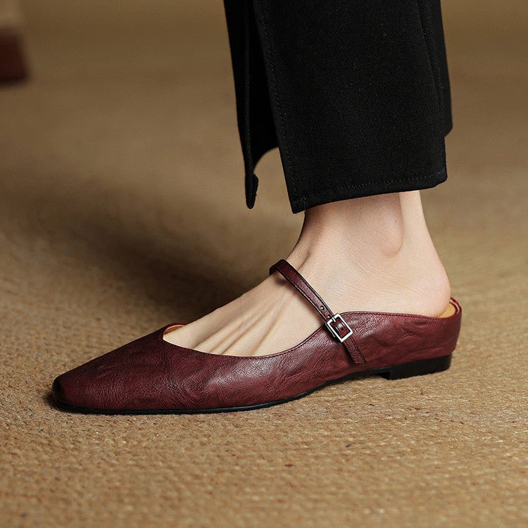 Women's Pointed-Toe Leather Mary Jane Buckle-Strap Mule Flats