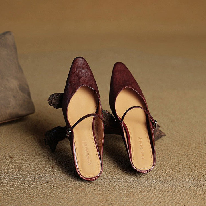 Women's Pointed-Toe Leather Mary Jane Buckle-Strap Mule Flats
