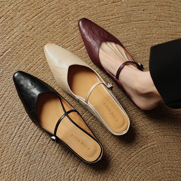 Women's Pointed-Toe Leather Mary Jane Buckle-Strap Mule Flats