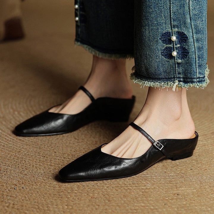 Women's Pointed-Toe Leather Mary Jane Buckle-Strap Mule Flats