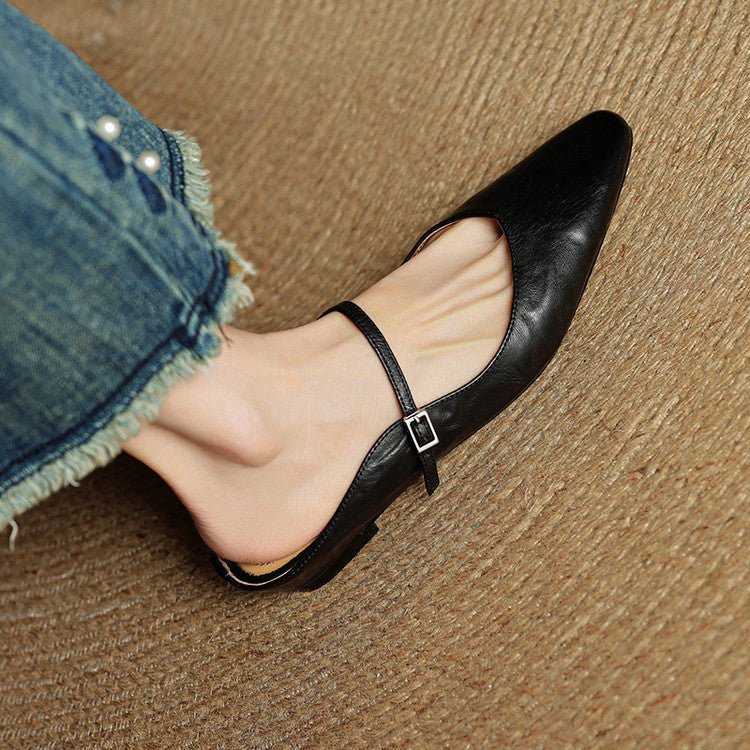 Women's Pointed-Toe Leather Mary Jane Buckle-Strap Mule Flats