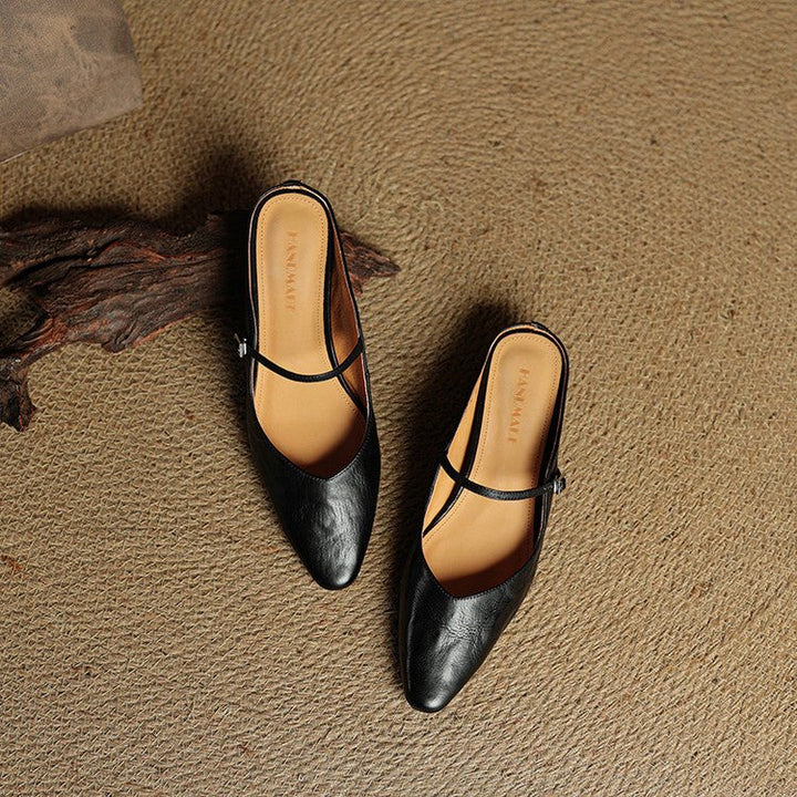 Women's Pointed-Toe Leather Mary Jane Buckle-Strap Mule Flats
