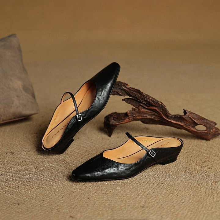 Women's Pointed-Toe Leather Mary Jane Buckle-Strap Mule Flats