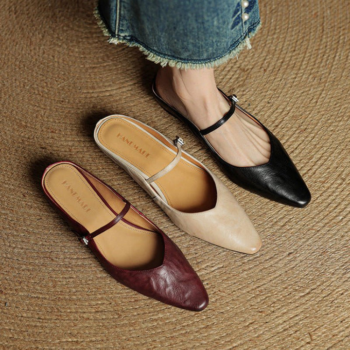 Women's Pointed-Toe Leather Mary Jane Buckle-Strap Mule Flats