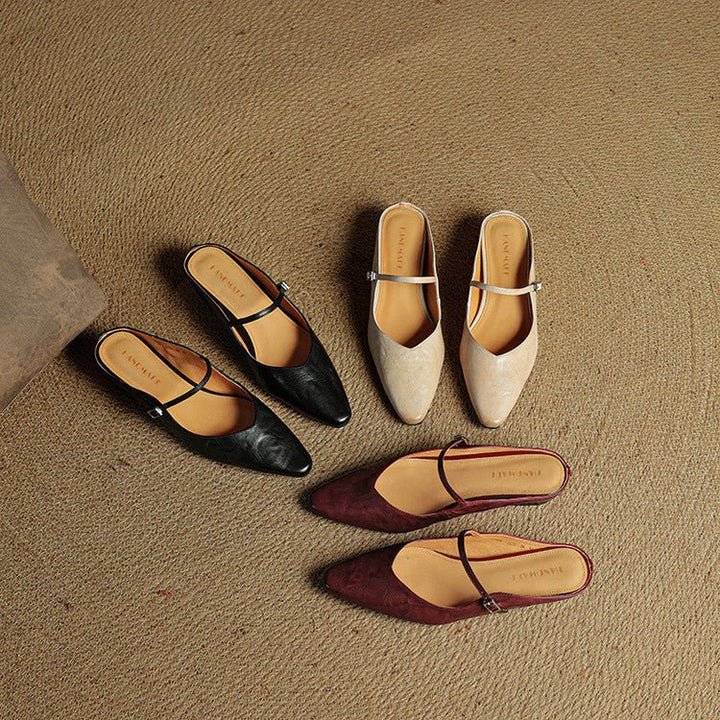 Women's Pointed-Toe Leather Mary Jane Buckle-Strap Mule Flats