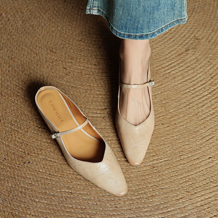Women's Pointed-Toe Leather Mary Jane Buckle-Strap Mule Flats