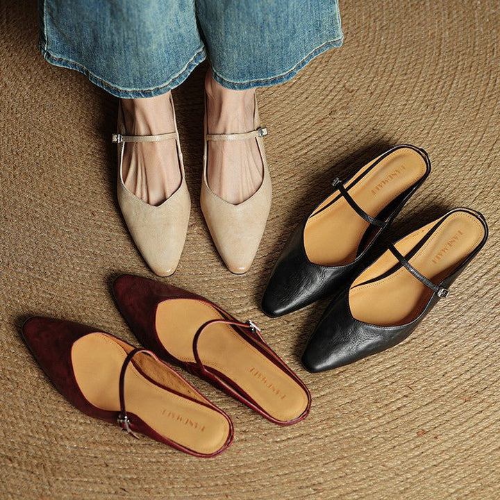 Women's Pointed-Toe Leather Mary Jane Buckle-Strap Mule Flats