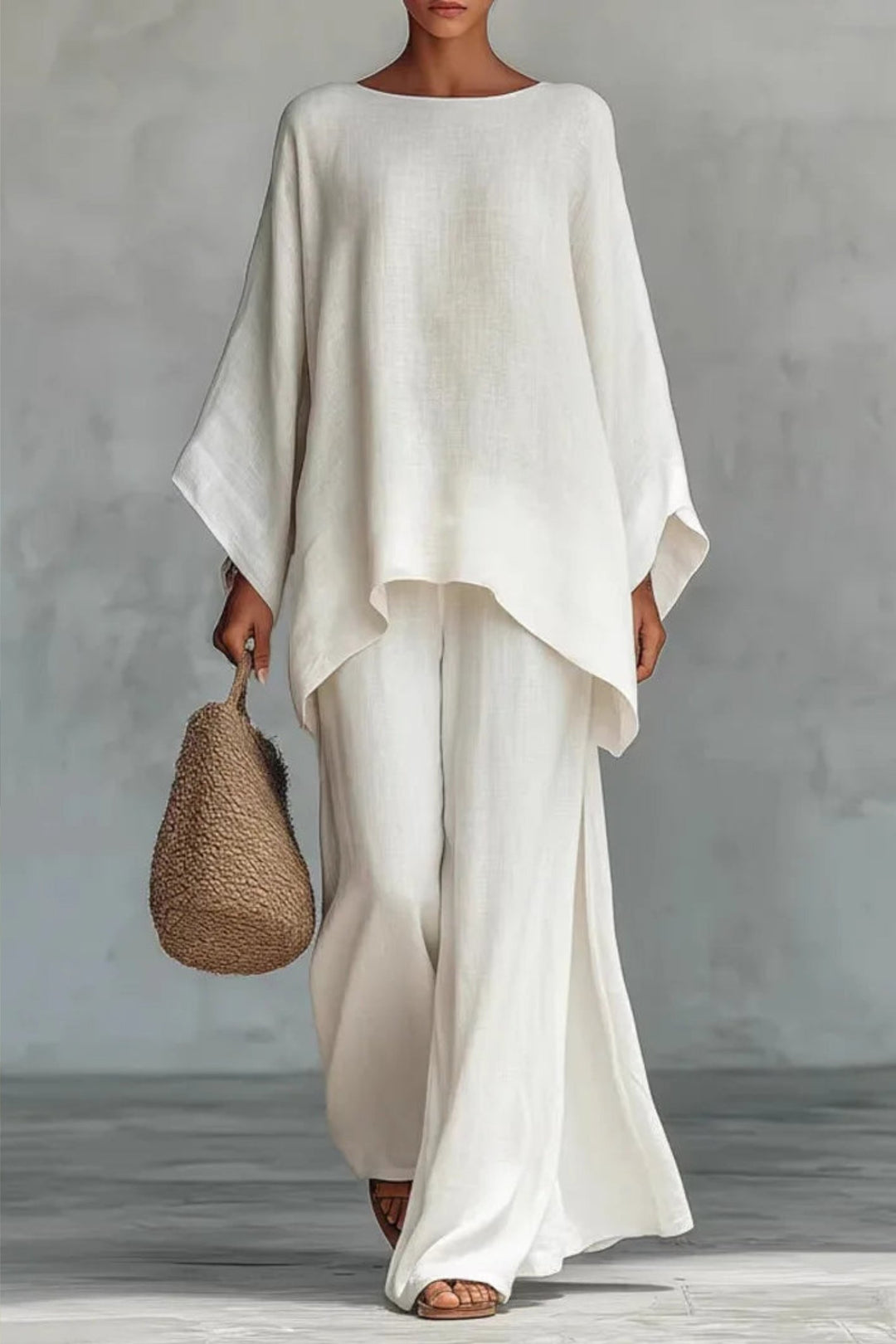 Women's Relaxed Batwing-Sleeve Linen-Blend Wide-Leg Pants Set - White
